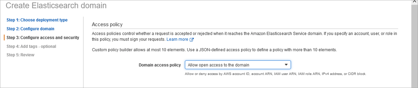 Image: Create an Elasticsearch Domain – Configure Access and Security
