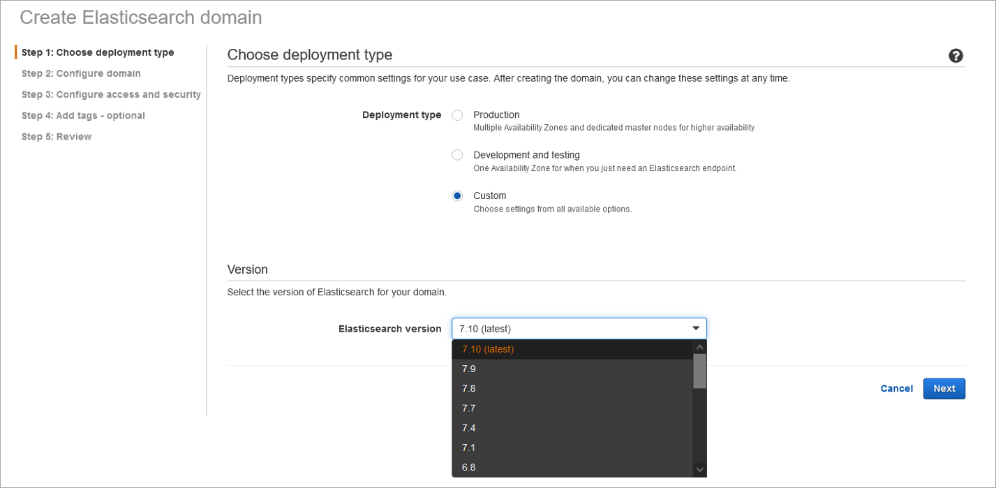 Image: Create an Elasticsearch Domain – Choose Deployment Type