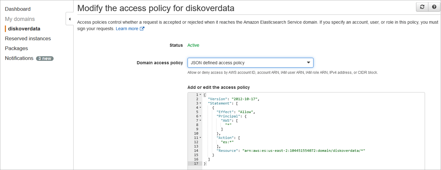 Image: Create an Elasticsearch Domain – Modify the Access Policy for diskoverdata