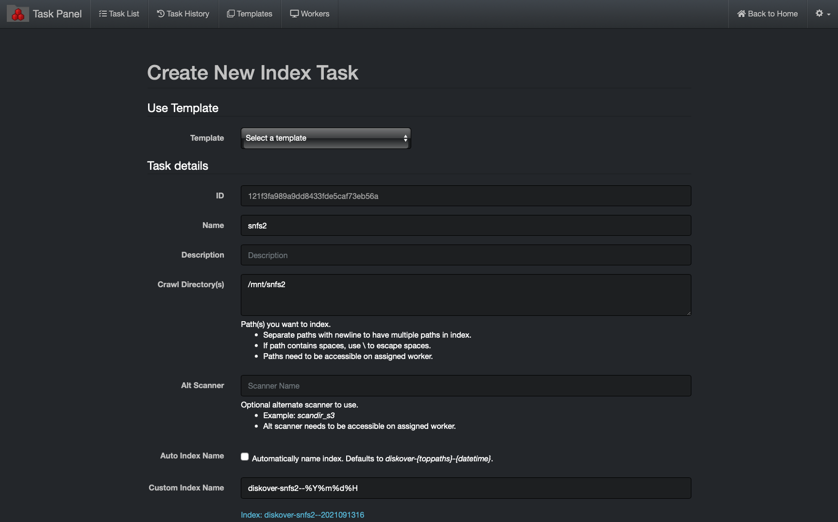 Image: New Index Task Creation
