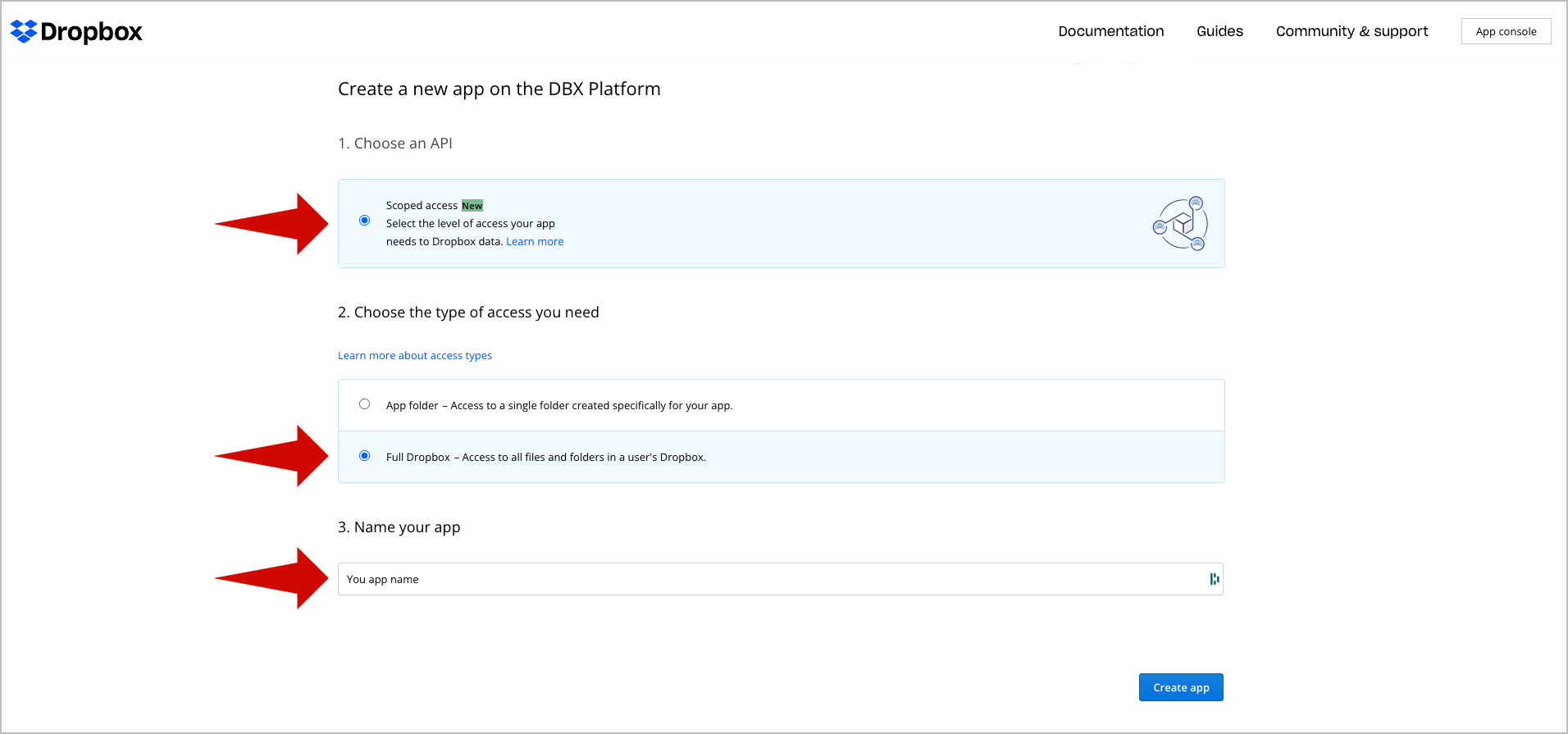 Image: Configure the Dropbox App