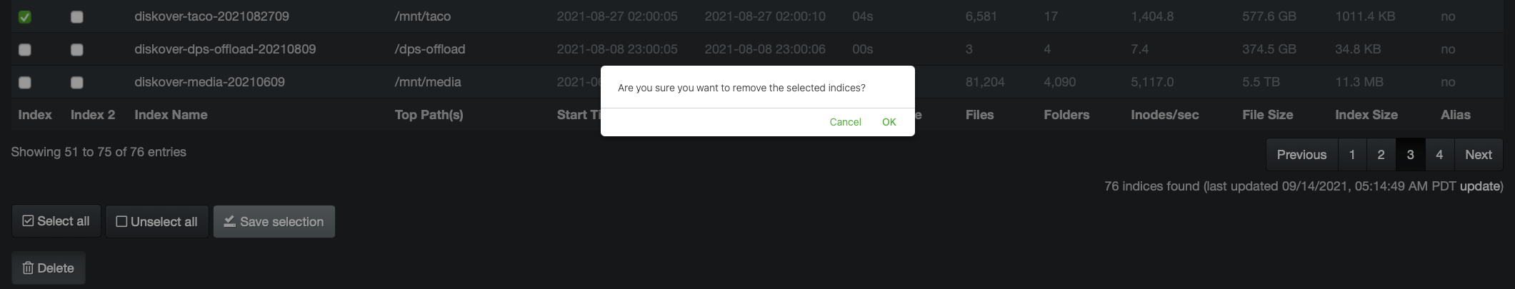 Image: Index/Indices Deletion Confirmation