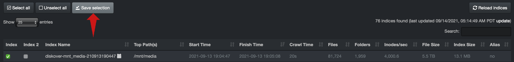 Image: Save Indices Selection