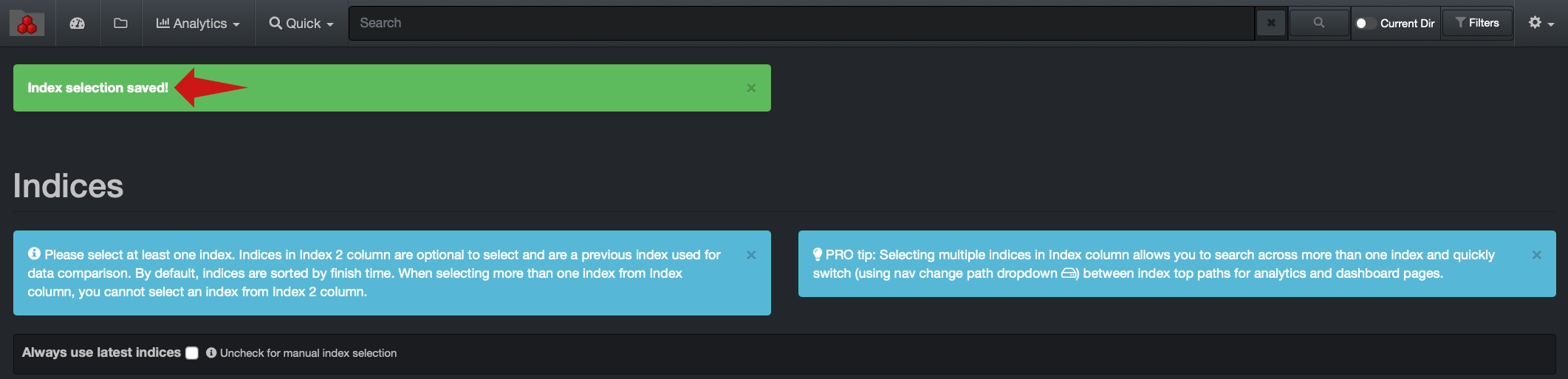 Image: Index Selection Saved