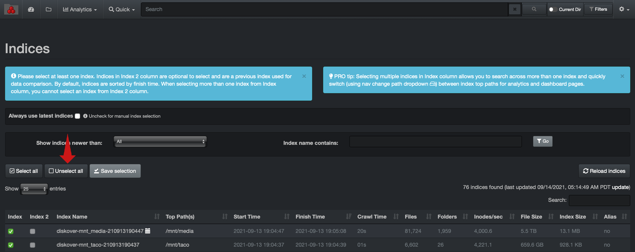 Image: Unselect All Indices
