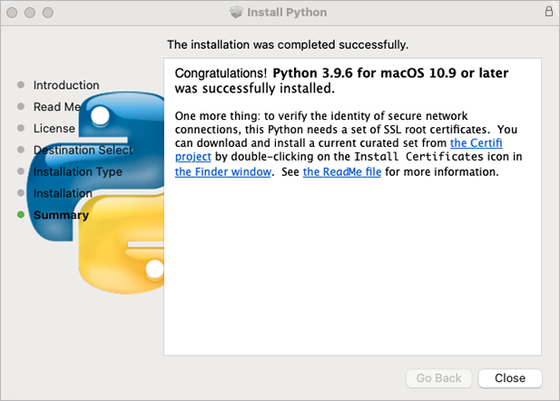 Image: Python Installation Completed Acknowledgement
