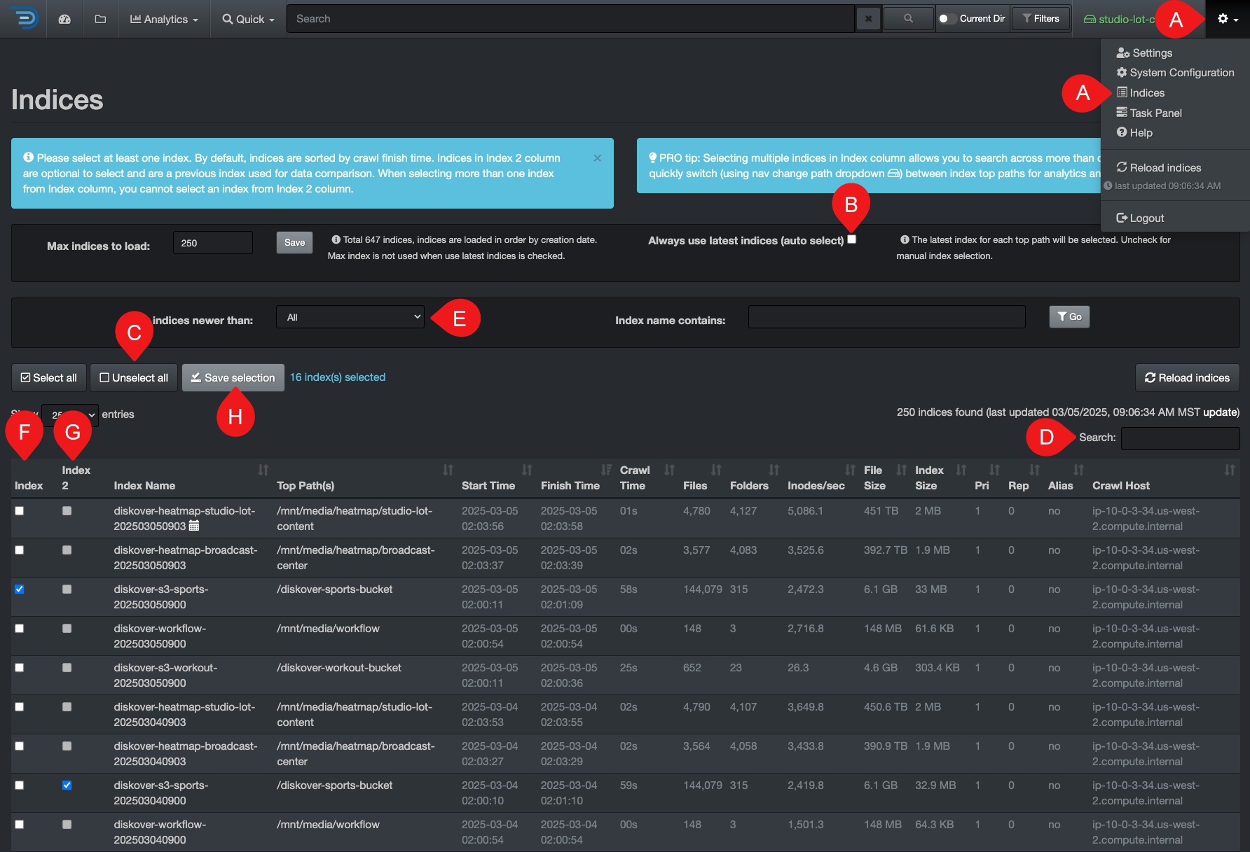 Image: Indices Selection for Heatmap Report