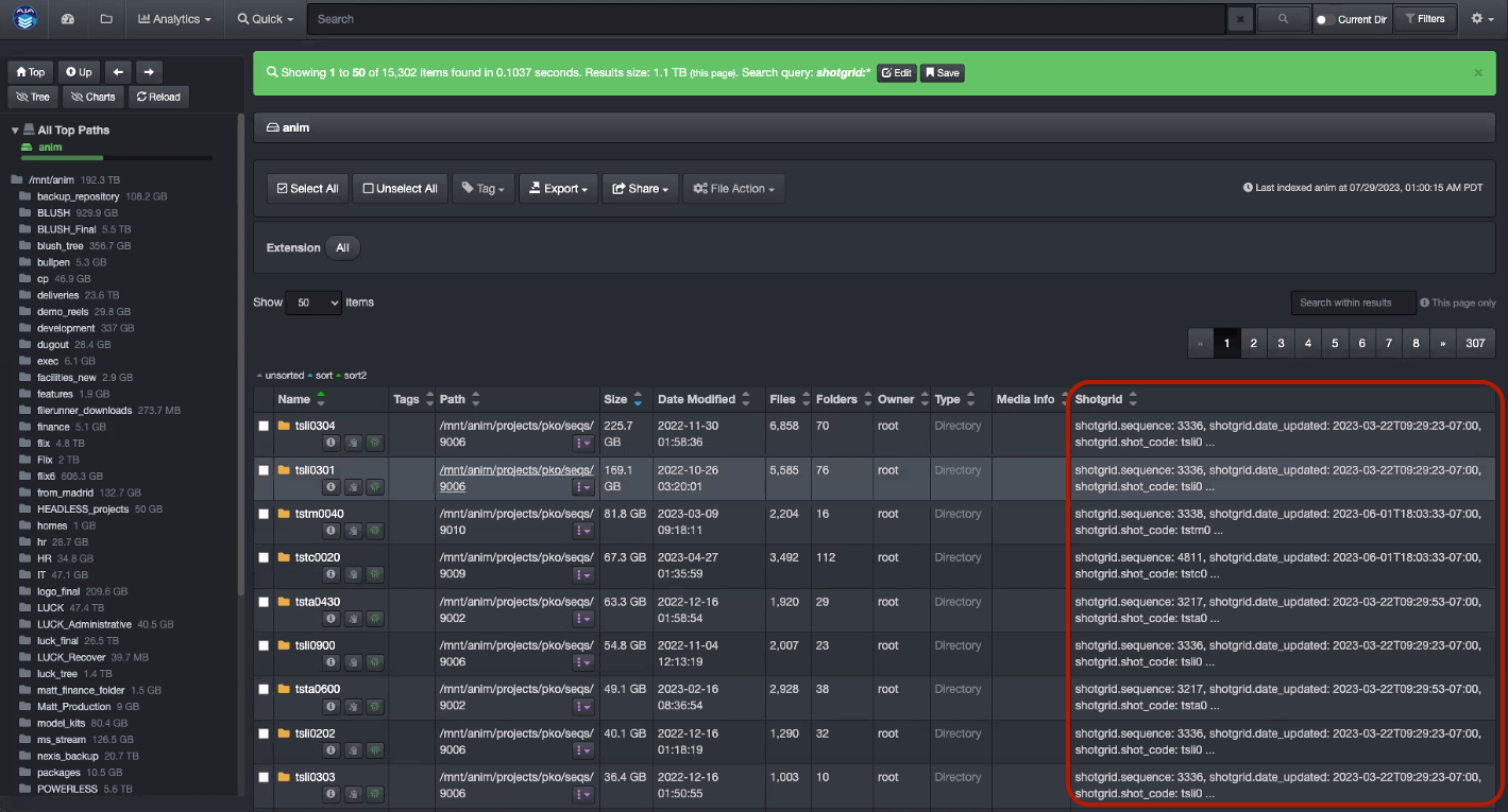 Image: Flow Production Tracking Attributes in Diskover User Interface