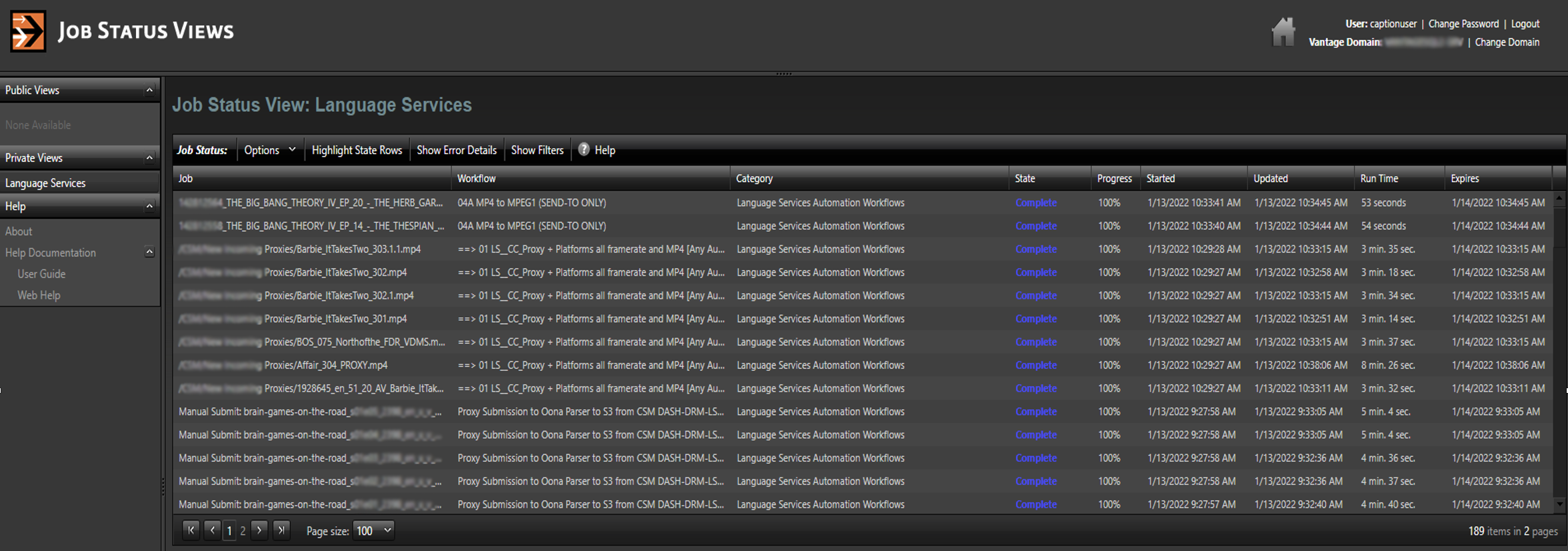 Image: Vantage Job Status