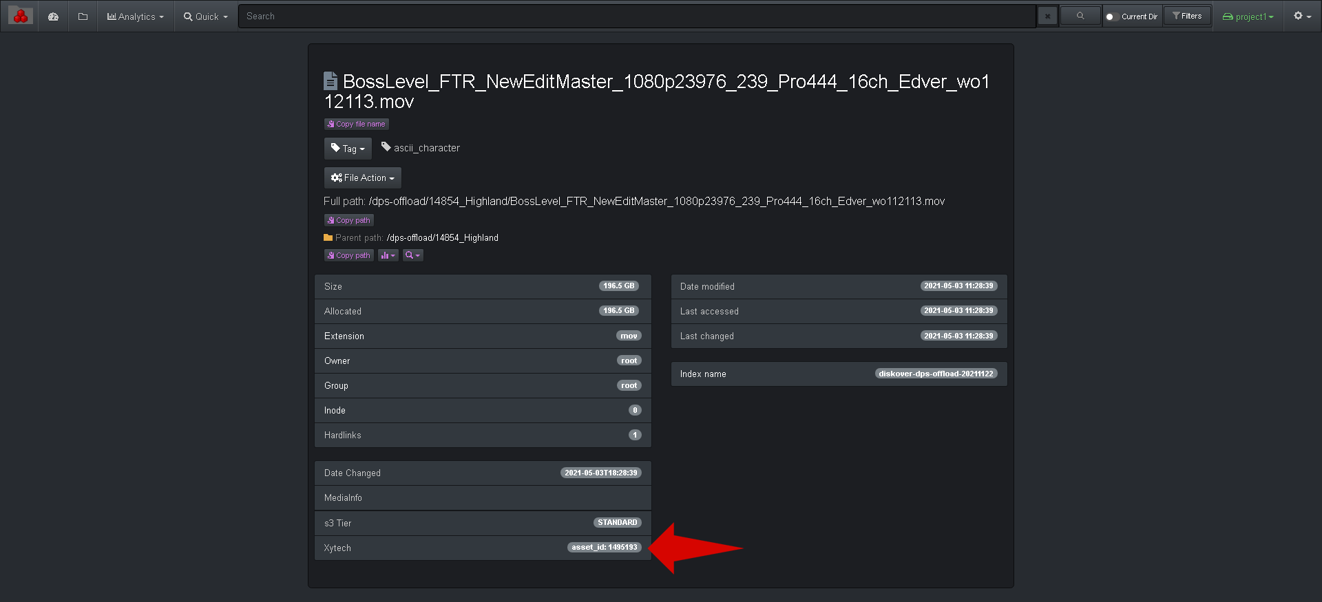 Image: Asset Information in Diskover Results Pane
