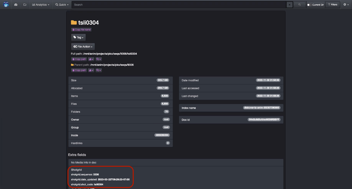 Image: Flow Production Tracking Attributes in Diskover User Interface