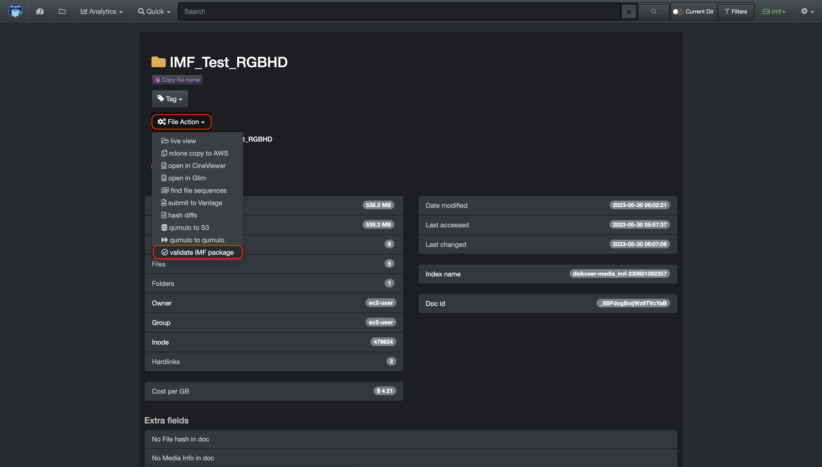 Image: Launch Validate IMF Package from the Attributes Window