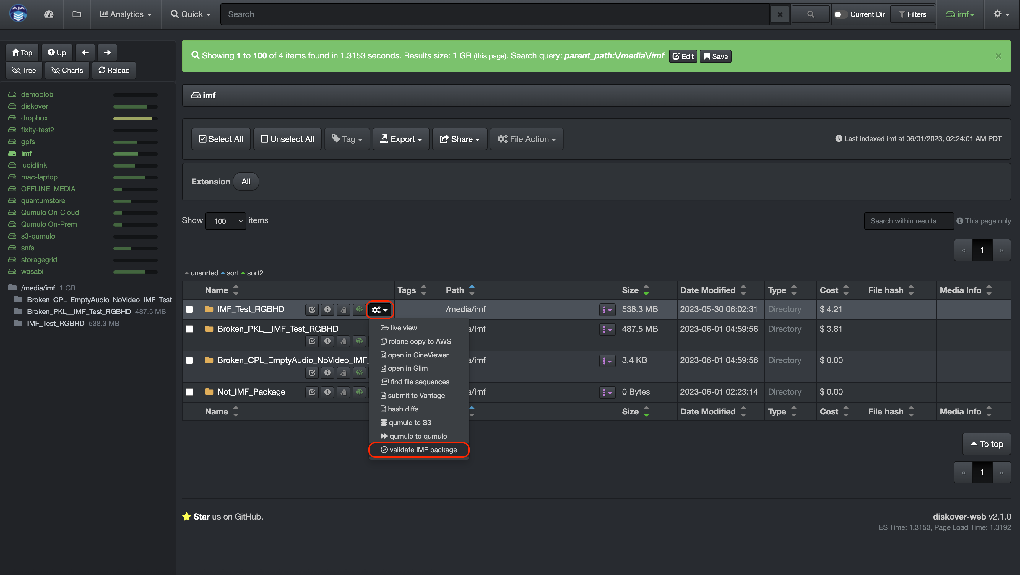 Image: Launch Validate IMF Package from the Results Pane