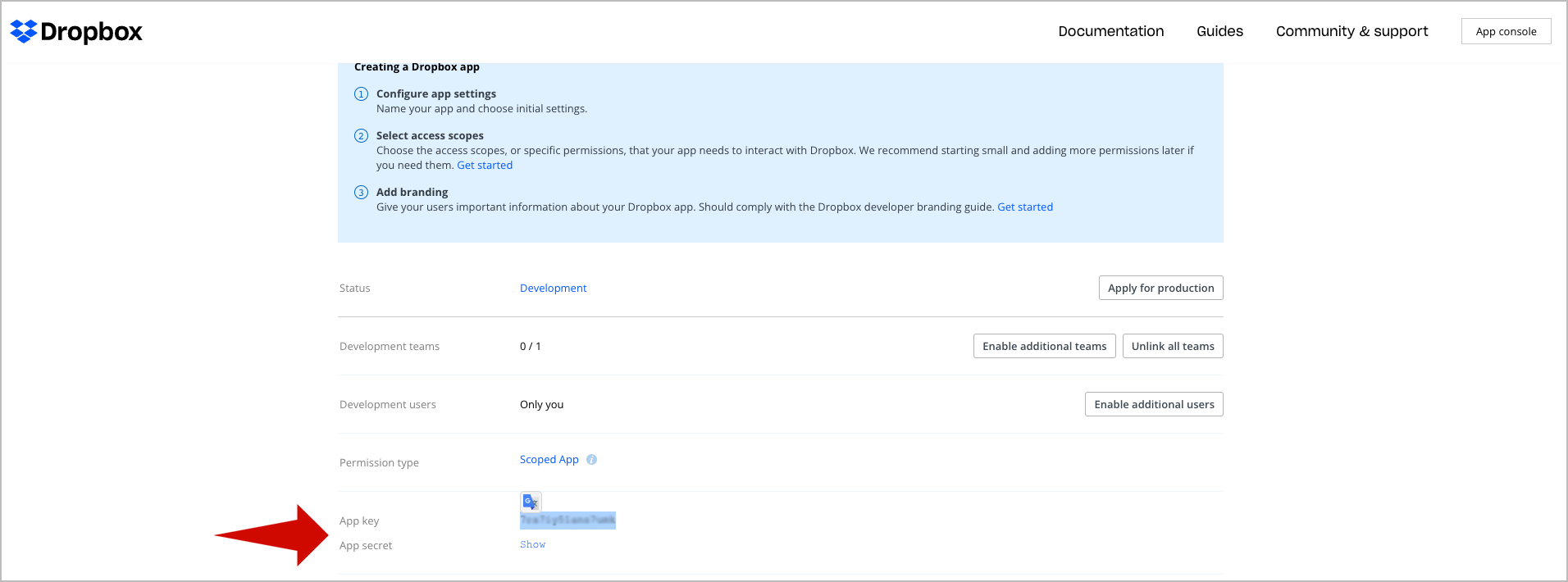 Image: Dropbox App Access Key and Secret
