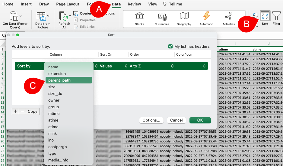 Image: Sort in Excel