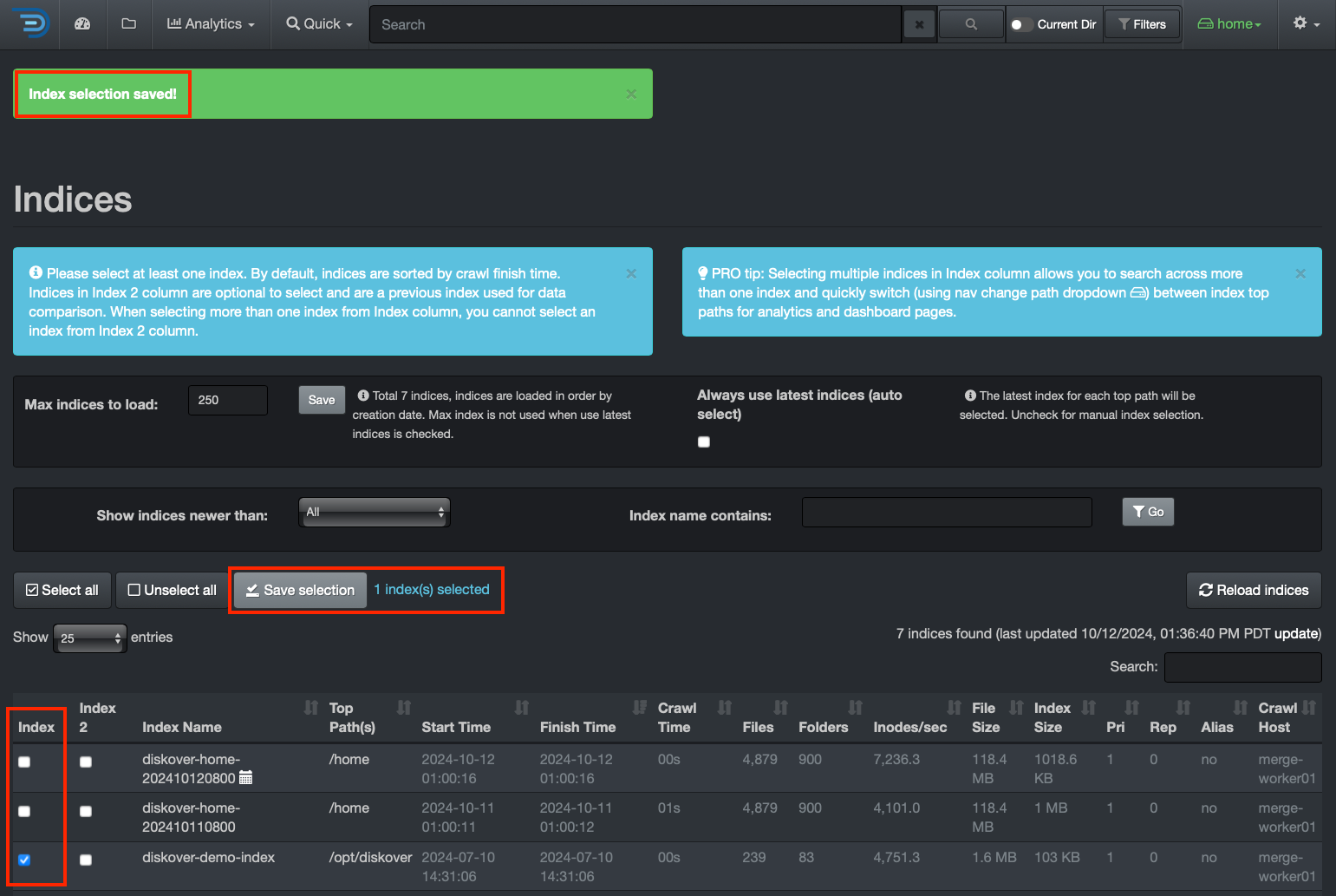 Image: Save Indices Selection