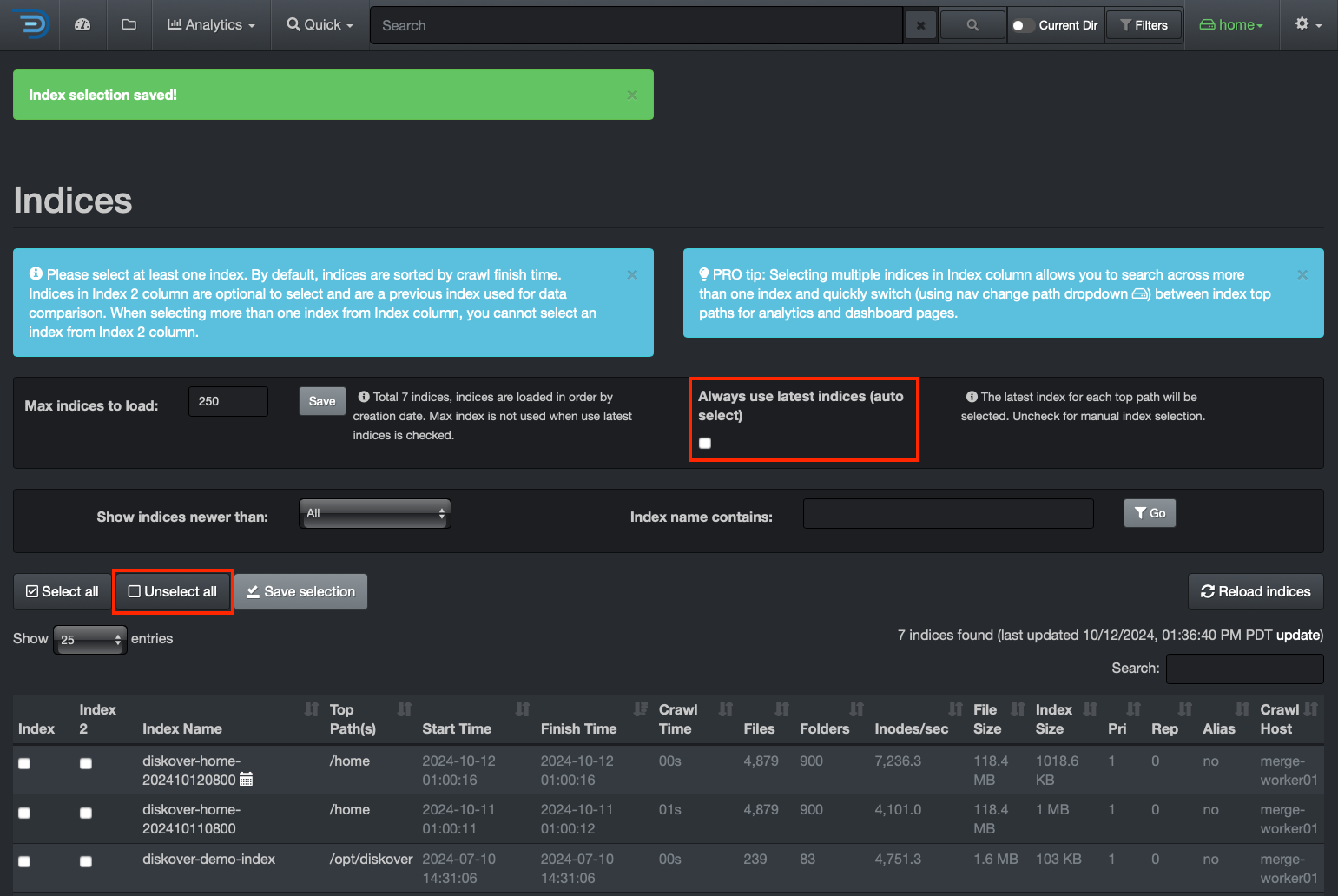 Image: Unselect All Indices