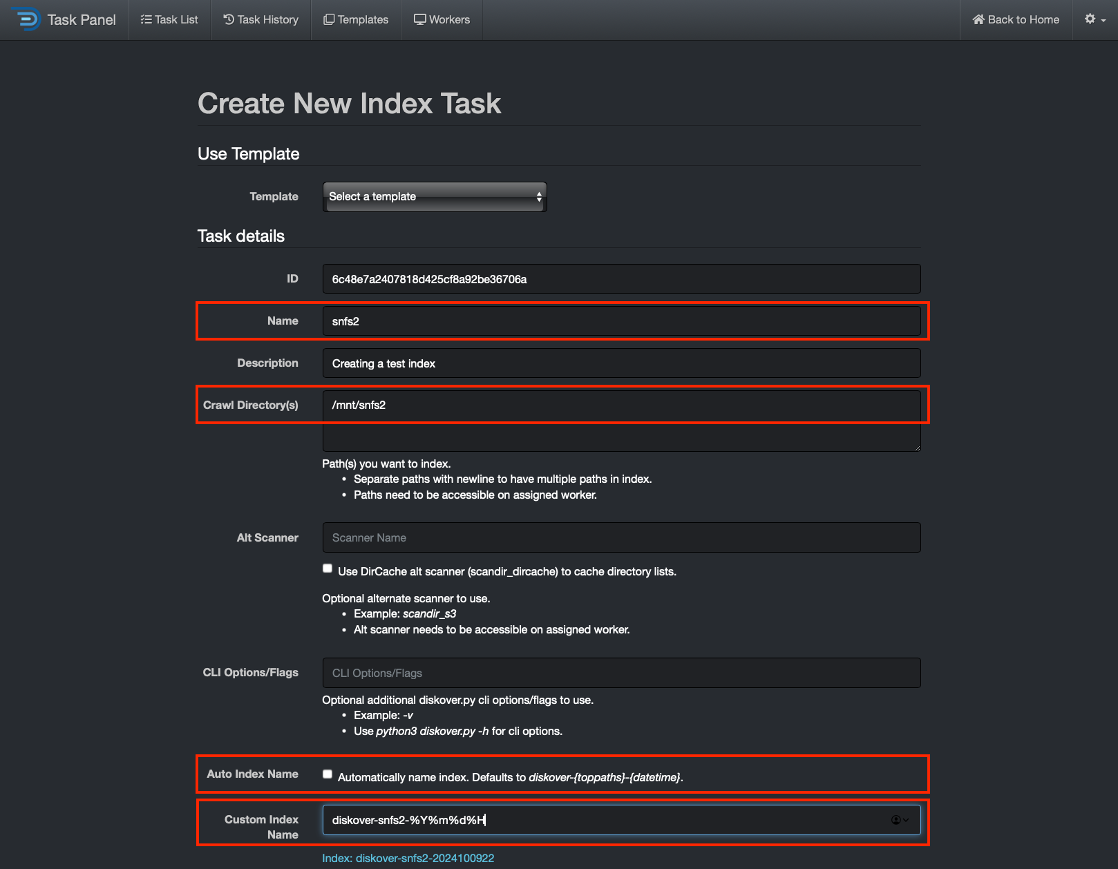 Image: New Index Task Creation